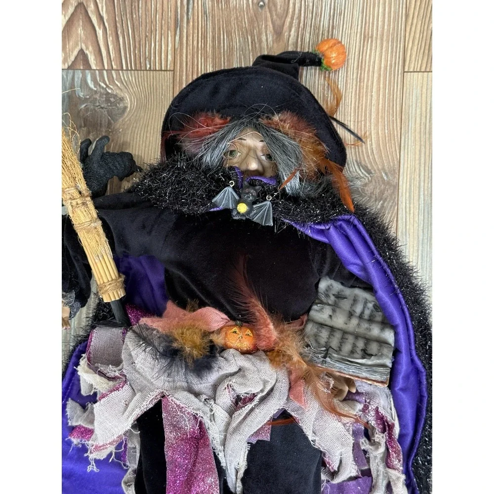 Adorable Witch w Bat chair, book of spells Cat,broomstick Poseable. 22